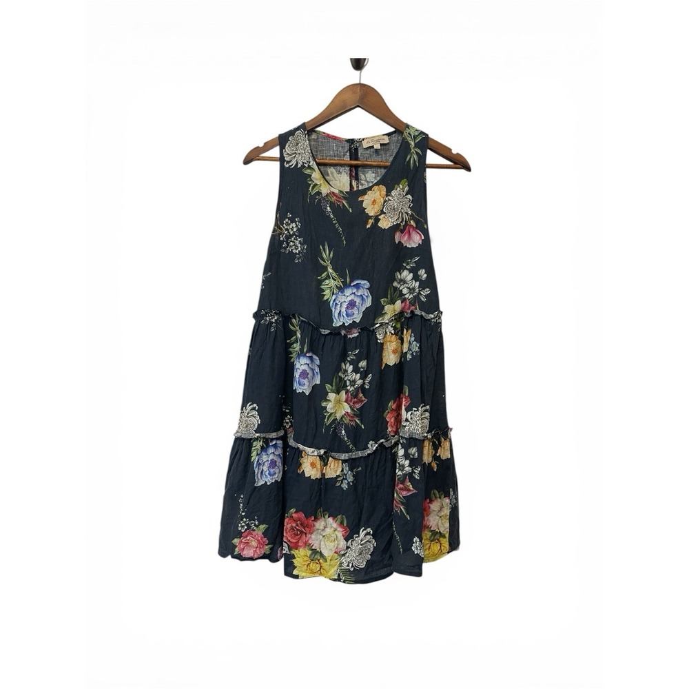 La Ragazze  100% Linen Tiered Floral Dress Knee Length Cottagecore Size XS‎